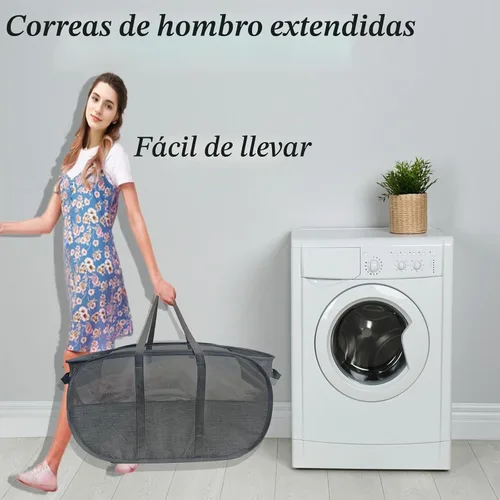Vista 6 de Cesta de lavandería plegable mejorada de 100 L, cesta de lavandería desplegable de malla extragrande, cesta de ropa sucia con asas largas, cestas