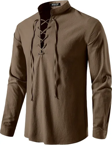 Vista 35 de JEMITOP Men's Pure Cotton Renaissance Lace Up Shirt Verde militar