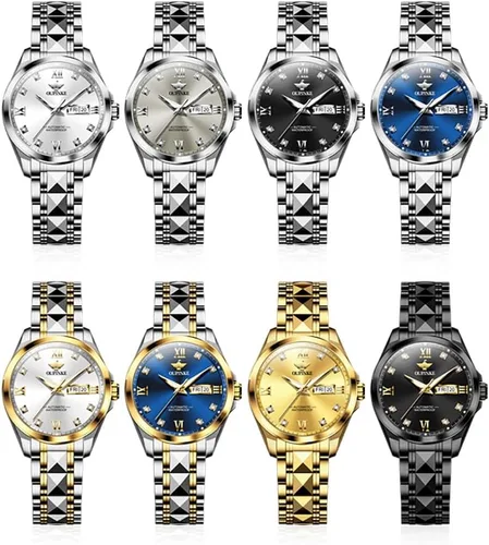 Vista 5 de OLEVS Reloj automático para mujer, color azul, dos tonos, fecha, reloj mecánico, calendario, reloj de pulsera impermeable con diamantes