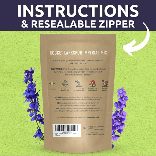 Vista 4 de Rocket Larkspur Imperial Mix - Bolsa a granel de 1/4 libra - 30,000 semillas de flores para plantar - Consolida ajacis