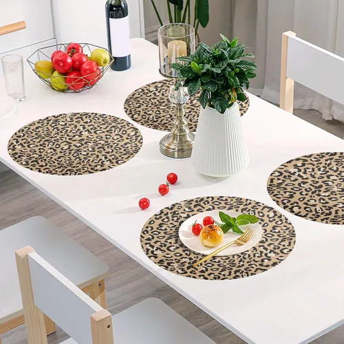 Vista 6 de Leopard Print Brown Round Placemat, Non Slip Washable Placemats Round Table for Kitchen Table (one Sizex1)