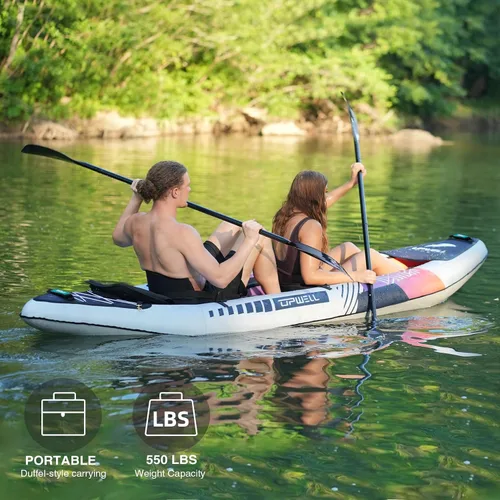 Vista 4 de UPWELL Kayak recreativo inflable de 13'6"/11' – 2 personas con piso de punto de caída y accesorios, incluyendo asientos de kayak con soporte