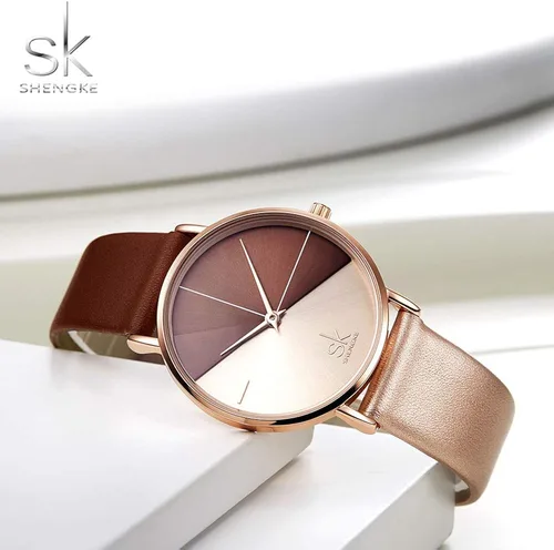 Vista 3 de SHENGKE Simplicity Creative - Reloj de pulsera para mujer, de cuero auténtico, elegante, para mujer, Movimiento de cuarzo