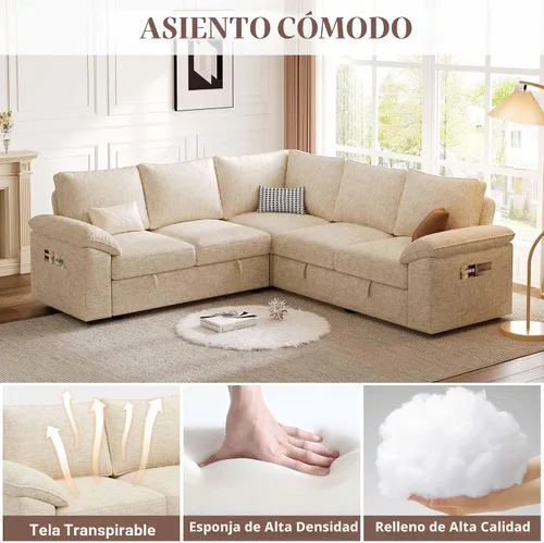 Vista 5 de Sofá Seccional Modular de 85 Pulgadas con Cama Extraíble, Sofá Cama Seccional en Forma de L de 5 Asientos con Almacenamiento, Sofás Seccionales