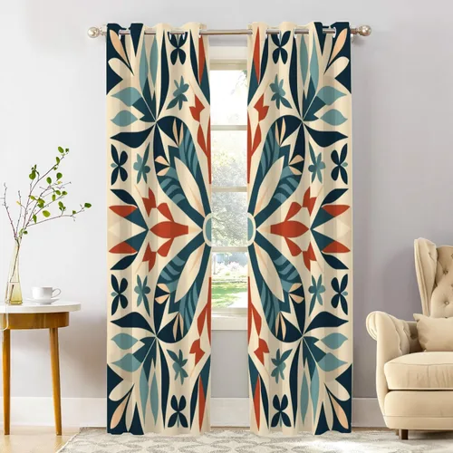 Vista 203 de Shrahala Beige and Orange Abstract Art Brushstrokes Blackout Curtain Tiers, Abstract Oil Paint Kitchen Valance Light Blocking Tier Drapes with Rod