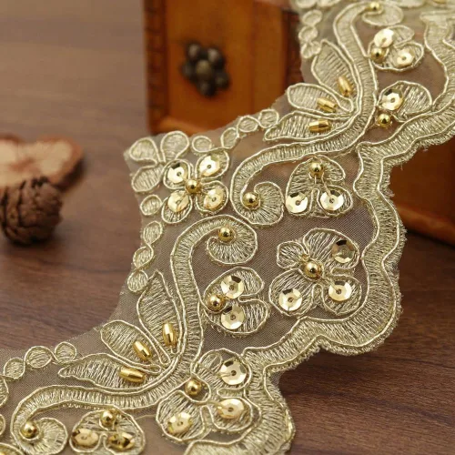 Vista 6 de IDONGCAI Cinta metálica de lentejuelas 3D con ribete de encaje dorado vintage para alteraciones de vestidos de novia, manualidades de cabaña