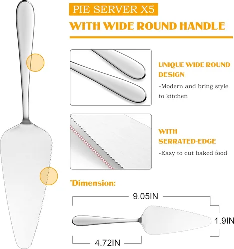 Vista 2 de E-far Servidor de pastel de 5 piezas, cortador de espátula de acero inoxidable para pasteles y queso pizza, borde dentado con mango ovalado, pulido