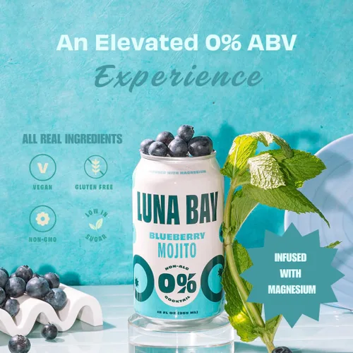 Vista 2 de Luna Bay Té sin alcohol Zero Percent - Té espumoso sin alcohol con yerba mate y glicinato de magnesio, vegano, bajo en azúcar, sin OMG y sin gluten