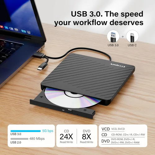 Vista 6 de Amicool Grabador externo USB-C USB 3.0 CD/DVD +/-RW, lector de DVD portátil ultrafino para Mac iMac MacBook, Windows 11/10/8 Linux, computadora