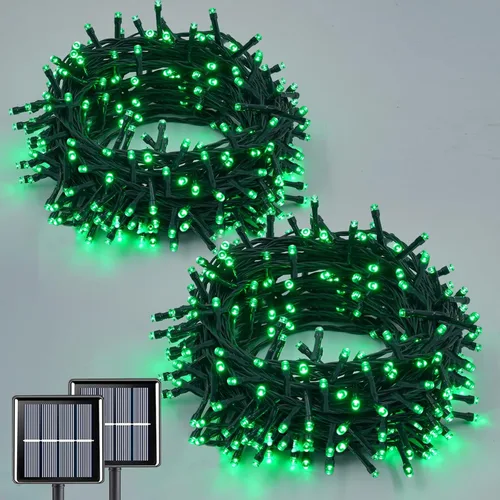 Vista 17 de QITONG Paquete de 2 luces solares azules y blancas de Navidad, cada cadena de 200 luces LED solares de 66 pies para exteriores, impermeable, 8 modos