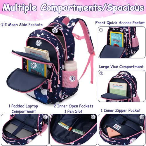Vista 17 de Juego de mochila para niñas y adolescentes, mochila escolar para niños con bolsa para el almuerzo, estuche para lápices, mochilas escolares