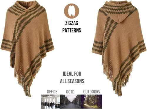 Vista 3 de Ferand Women's Hooded Zigzag Striped Knit Cape Poncho Sweater with Fringes
