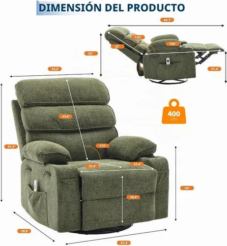 Vista 2 de Garvee Silla reclinable giratoria de 360° con bolsillos laterales, tela de Verde- lino