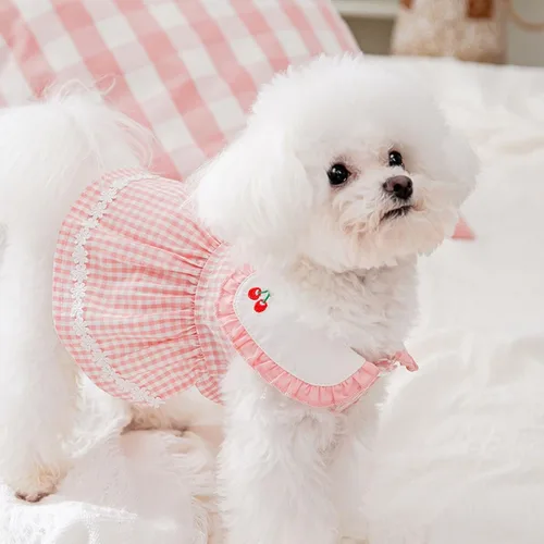 Vista 5 de Vestido de princesa para perro, vestido de princesa con solapa, bordado de cereza, suave, transpirable, vestido de verano para perros pequeños