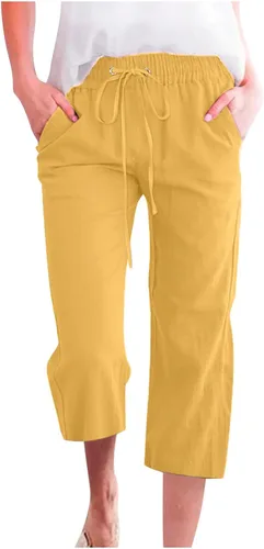 Vista 25 de Ceboyel Pantalones capri para mujer para verano, cintura elástica, pantalones de yoga, con cordón, pantalones de lino, pantalones de entrenamiento