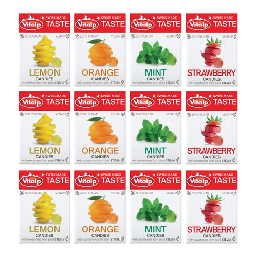 Vista 27 de Vitalp Sabor, Hecho en Suiza, Caramelo Sin Azúcar con Stevia, Vegano, Sabor a Cereza, Paquetes de 25g/0.88 Onzas, 16 Cajas