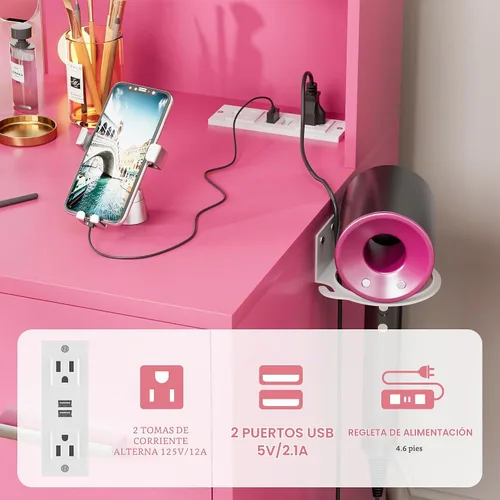 Vista 5 de VICTONE Escritorio de tocador con espejo iluminado LED y toma de corriente, 3 modelos de luces, mesa de tocador de maquillaje con 7 cajones y 6