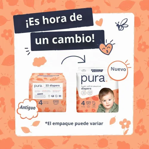 Vista 4 de Pura Pañales para bebé talla 4 (22-32 libras) 108 unidades de piel sensible