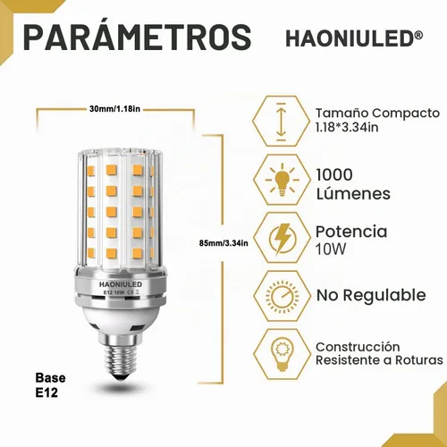 Vista 2 de Bombillas LED E12 10W Bombilla de maíz LED 100W equivalente 1000 lúmenes 3000K blanco cálido no regulable Bombillas LED para candelabro Paquete de 5