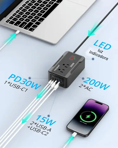 Vista 2 de Inversor de corriente de 200W para automóvil, DC 12V a 110V AC, convertidor con [PD 30W y 15W] USB C de carga rápida/3.0A, puertos de carga USB Negro