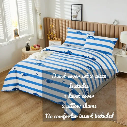 Vista 2 de Brandream Juego de ropa de cama de algodón para niños, tamaño matrimonial, juego de ropa de cama de ballena a rayas azul náutica, juego de cama