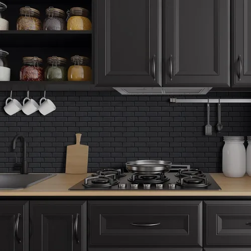 Vista 2 de Azulejos negros mate para despegar y pegar estilo metro para cocina, diseño más grueso, azulejos adhesivos para pegar en la sala de estar, azulejos