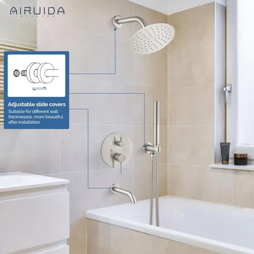 Vista 4 de Airuida Juego de sistema de ducha de lluvia de 3 funciones, combo de ducha de bañera de montaje en pared con ducha de mano y boquilla de bañera