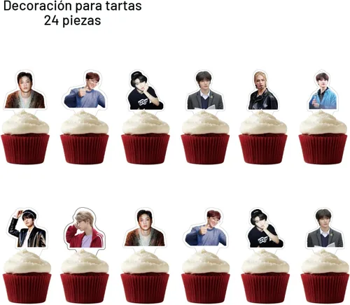 Vista 5 de Mercancía de Stray Kids, decoración de fiesta de 5 estrellas, incluye pancartas de feliz cumpleaños, adornos para pasteles, adornos para magdalenas