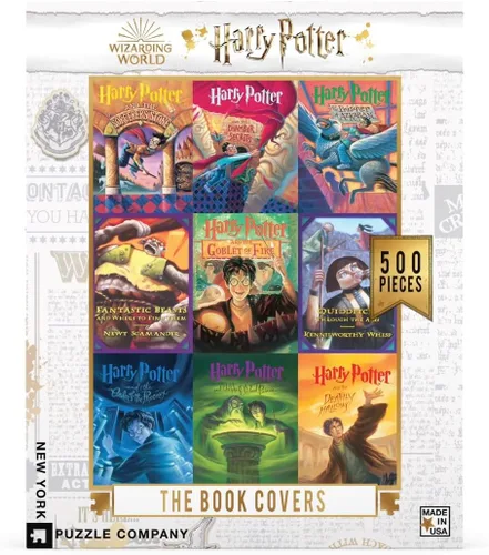 Vista 3 de New York Puzzle Company - Collage de portada de libro de Harry Potter - Rompecabezas de 500 piezas para noches de juego familiares por Mary GrandPré