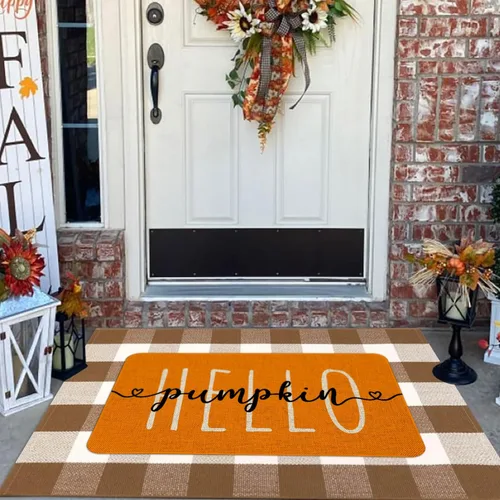 Vista 2 de Mloabuc Felpudo decorativo de otoño naranja con texto divertido de calabaza de bienvenida, tapete para interiores, decoración creativa de temporada