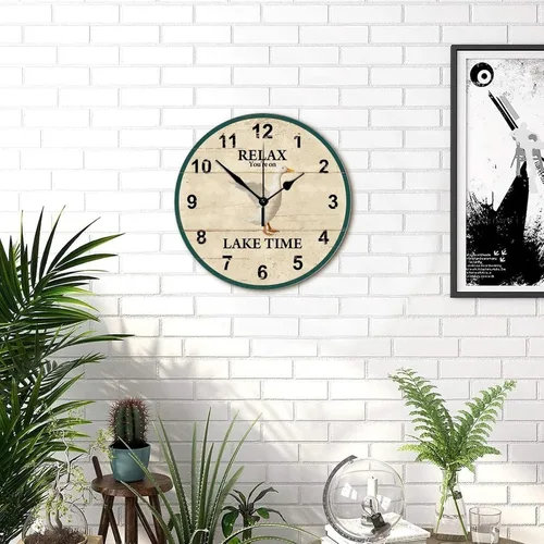 Vista 5 de Reloj de pared de madera de 10 pulgadas Relax You're on Lake Time con pato, funciona con pilas y manecillas de metal, reloj de pared