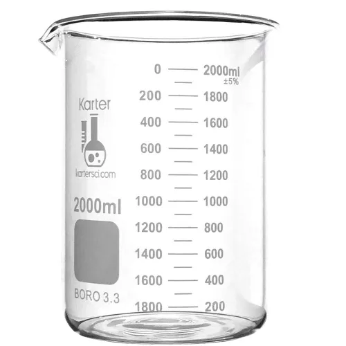 Vista 2 de Karter Scientific - Vaso de 2000 ml, forma baja Griffin, vidrio borosilicatado 3.3, doble escala, graduado, 213D20 (individual)