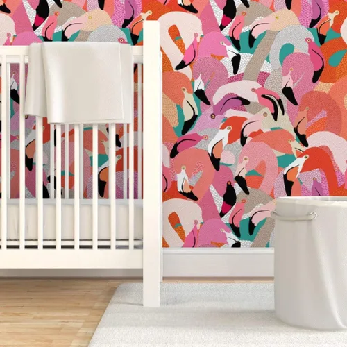 Vista 6 de Spoonflower Despegar y pegar muestra de papel tapiz - Naranja Rosa Grande Flamenco Pájaro Plumas Tropical Florida Coastal Collage Ilustración Casa