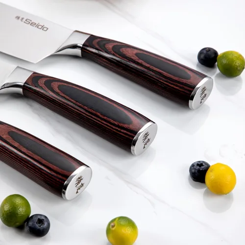 Vista 8 de Juego de cuchillos Master Chef de 17 piezas con bloque de acero de Damasco y madera de acacia Cuchillos de cocina de acero de Damasco con bloque