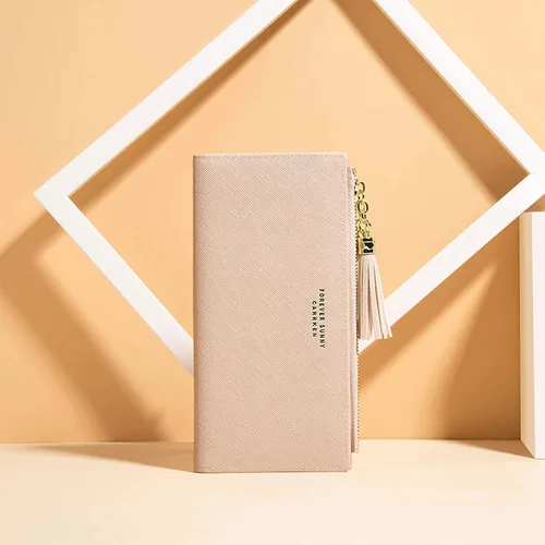 Vista 2 de SUMGOGO Cartera delgada para mujer con borla larga con cremallera y embrague monedero bolso tarjetero (rosa)