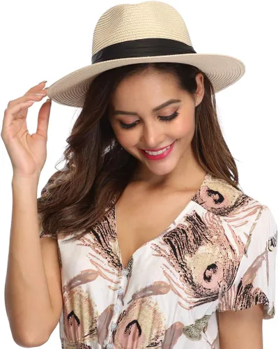 Vista 6 de Lanzom - Sombrero de paja playero para mujer, de ala ancha, plegable, estilo Fedora, UPF50+