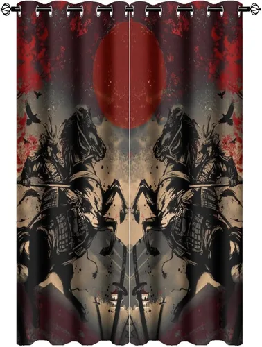 Vista 26 de Cortinas opacas abstractas japonesas samuráis para dormitorio, caballo samurái rústico, rojo, ojal, aislamiento térmico, cortinas de oscurecimiento
