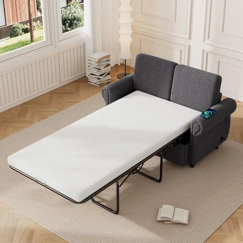 Vista 15 de P PURLOVE Sofá cama cama de 47.2 pulgadas de largo, sofá cama extraíble 2 en 1 con colchón, una mesa auxiliar plegable, sofá biplaza para sala