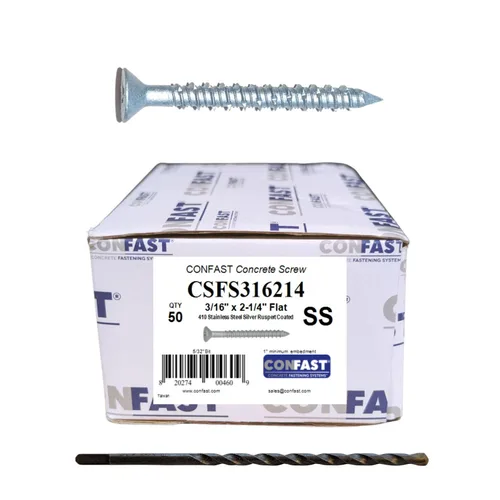 Vista 14 de CONFAST Tornillos para concreto de 1/4" x 1-3/4" de acero inoxidable 410 Phillips planos con cabeza cuadrada cóncava con broca para anclaje a