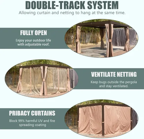 Vista 9 de Domi - Pérgola de aluminio para exteriores de 10 x 10 pulgadas con cortinas y malla Marrón oscuro