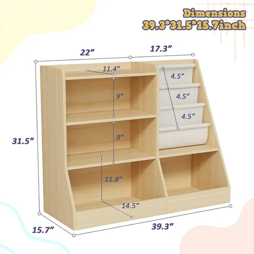 Vista 2 de IKALIFE Estantería de madera grande para niños de 39" y organizador de almacenamiento de juguetes, librero para bebés con estante colgante