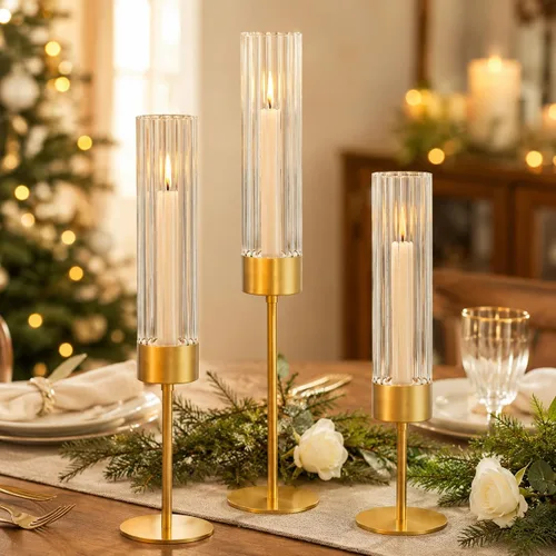 Vista 2 de Juego de 3 portavelas de cristal Hurricane, portavelas alto de alta calidad, elegantes portavelas estriados para decoración de bodas, fiestas