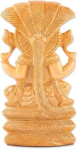 Vista 3 de NOVICA Escultura de madera hecha a mano Ganesha y serpiente Kadam de la India, animal marrón, hinduismo, religioso, elefante, serpiente