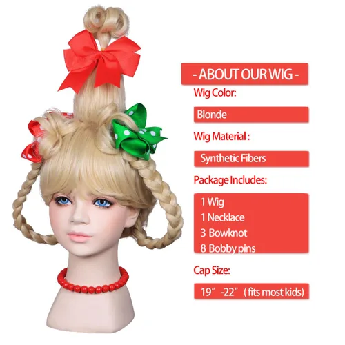 Vista 3 de FantaLook Peluca larga trenzada para niños, para Navidad, cosplay, con collar de cuentas rojas y lazos de lunares rojos y verdes para niños, disfraz