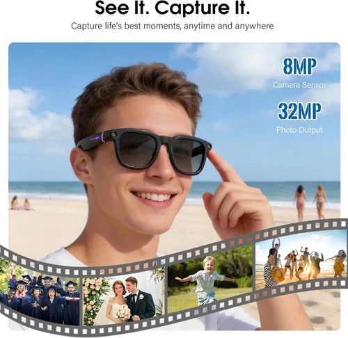 Vista 2 de Gafas inteligentes con cámara 4K, traducción AI de 139 lúmenes, reconocimiento de objetos ChatGPT, audio de oído abierto y llamadas BT, lentes Negro