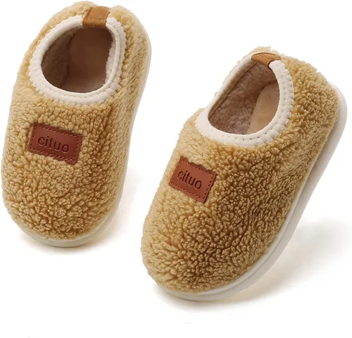 Vista 4 de RVROVIC Pantuflas cálidas de invierno para niños y niñas, pantuflas suaves de forro polar antideslizantes para niños pequeños zapatos
