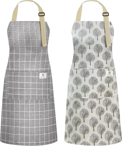 Vista 22 de NLUS Paquete de 2 delantales de cocina ajustables con babero, delantal de chef suave con 2 bolsillos para hombres y mujeres (rayas negras)