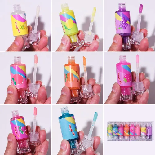 Vista 7 de Mebtmel Lindo brillo de labios para niños, juego de brillo de labios con purpurina para niñas de 6 piezas con forma de dulce, bálsamo labial