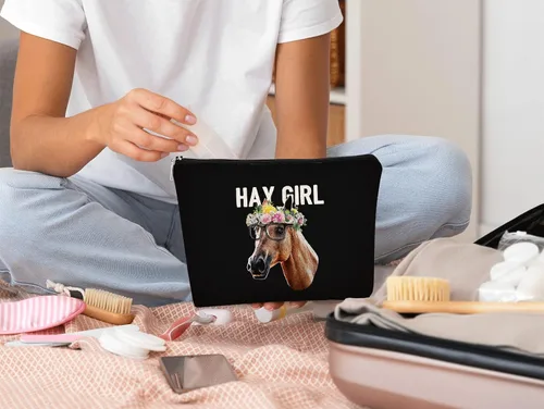 Vista 4 de BARPER Bolsa de maquillaje Hey Girl Horse con gafas de sol Hey Farm Flowers bolsa cosmética bolsa de maquillaje mejor idea de regalo para amantes