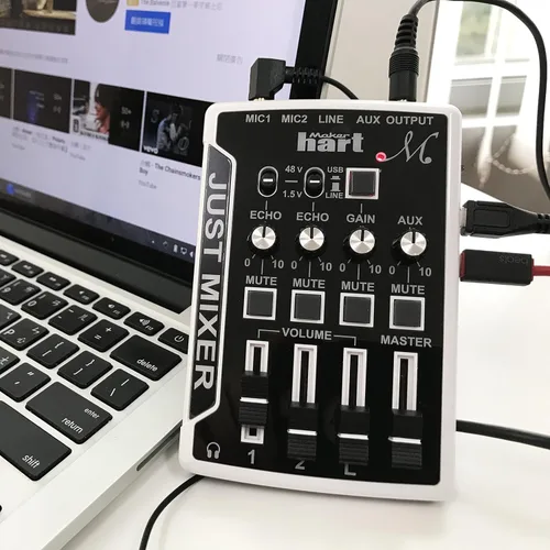 Vista 4 de Maker Hart Just Mixer M - Mezclador de micrófono compacto de 4 canales, 2 entradas y 2 entradas estéreas, alimentación de micrófono, entrada